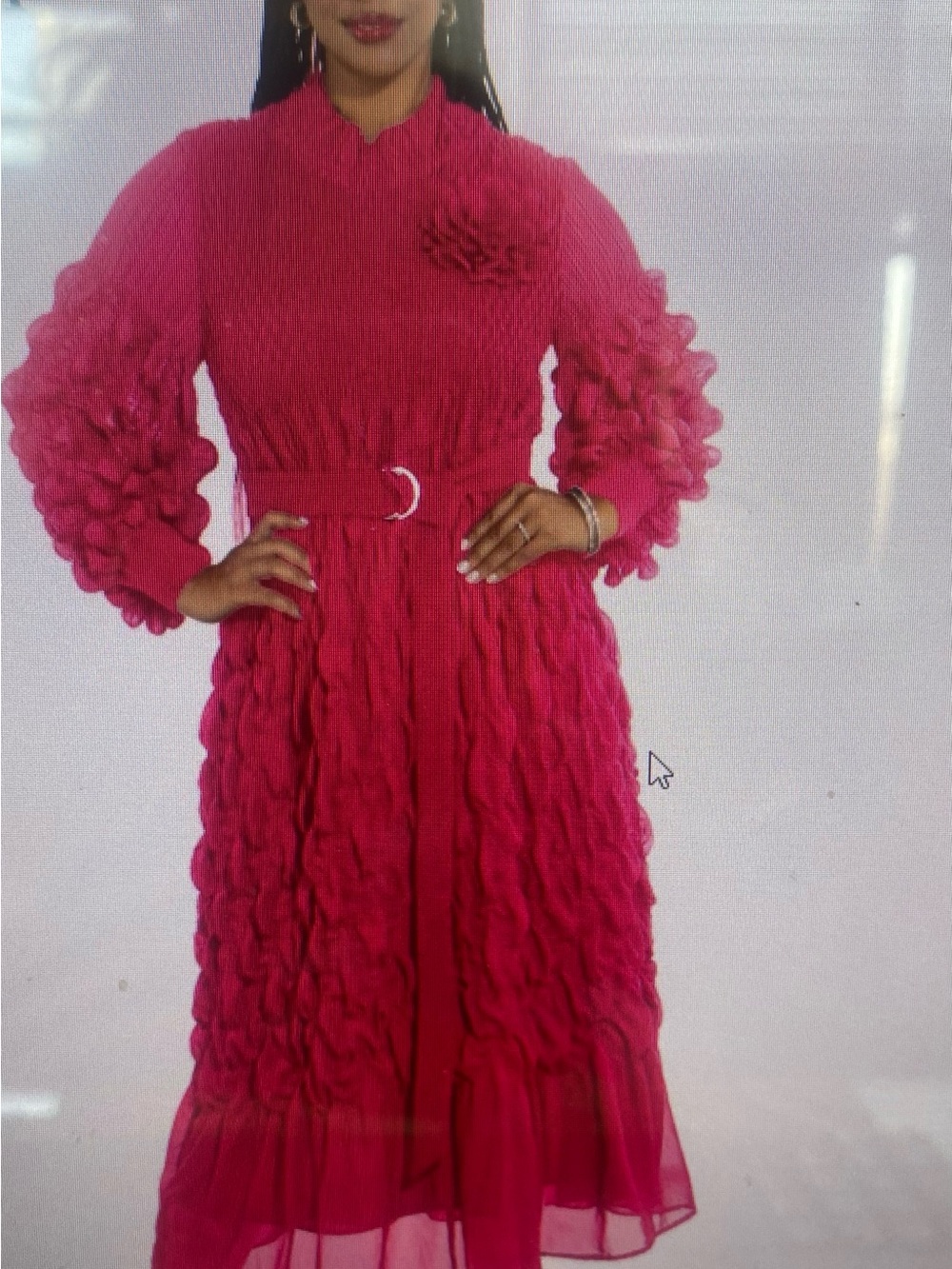 Elegant Fuchsia Puff-Sleeve Midi Dress with Belt
